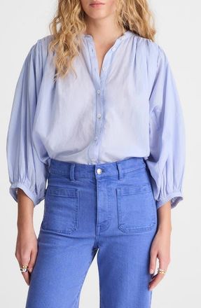 Madewell Shirred Crewneck Button-Up Top in Tranquil Blue at Nordstrom, Size Xx-Large