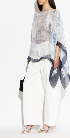 Ferragamo Silk Poncho With Floral Motif, Womens, Blue