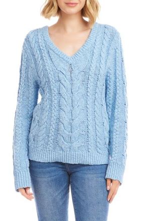 Karen Kane Cable Stitch V-Neck Cotton Sweater in Blue at Nordstrom, Size X-Large