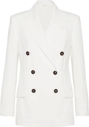 Brunello Cucinelli Blazer de sarga doble de algod&oacute;n y crep&eacute; con Monili - Jackets - Mujer - Blanco - M