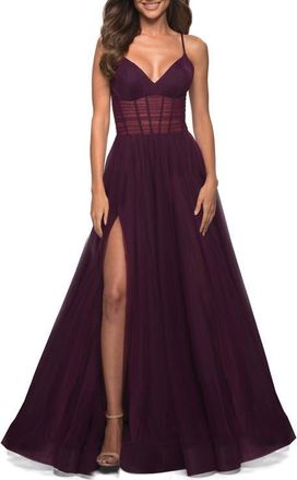 La Femme Tulle A-line Prom Dress with Corset Sheer Bodice in Dark Berry at Nordstrom, Size 12