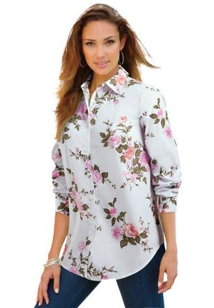 Roaman's Plus Size Kate Long Sleeve Easy Cotton-Blend Button-Front Shirt in White Mixed Flowers at Nordstrom, Size 12