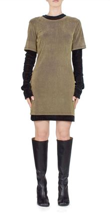 PriscaVera Velvet Mesh Layered T-Shirt Dress In Olive Oil