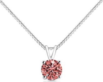 House of Brilliance 10K White Gold 1/2 Cttw Round Brilliant Cut Lab Grown Pink Diamond 4-Prong Solitaire Pendant Necklace (Pink Color, VVS2-VS1 Clarity) - 18