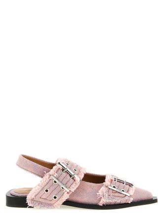Ganni Feminine Buckle Fringed Denim Slingback