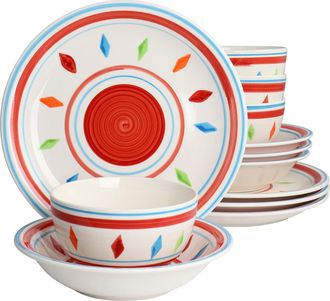 Gibson Home Heidy 12 Piece Hand Painted Durastone Dinnerware Set in Red