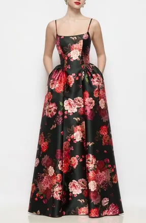The Dessy Group Jillian Floral Satin Twill Gown in Wine Black Multi at Nordstrom, Size 10