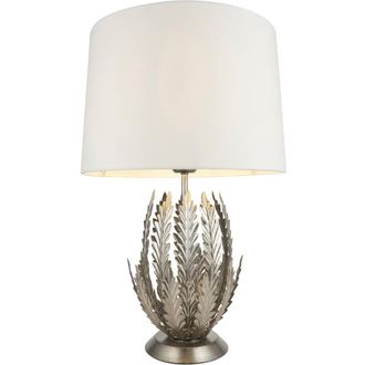Loops Ornate Silver Table Lamp Light Ivory Cotton Fabric Shade Decorative Leaf Design in Metallics