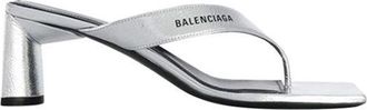 Balenciaga Metallic Silver Leather Square Toe Thong Heeled Sandals Size 37