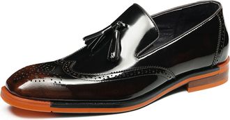 Generic Mens Slip on Platform Loafers Pointed Toe Patent Leather Formal Shoes Low Chunky Heel Vintage Brogues with Tassel,Brown,8.5 UK