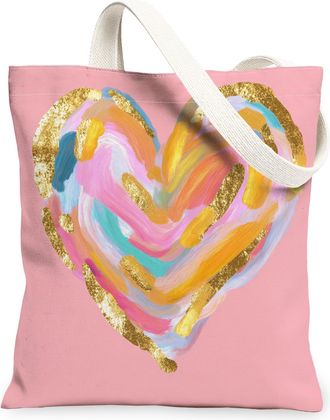 Generic Artistic Heart Canvas Tote Bags, Colorful Abstract Design Reusable Grocery Bags, Stylish Lightweight Washable Shoulder Stra, Peach, 13x15 Inch