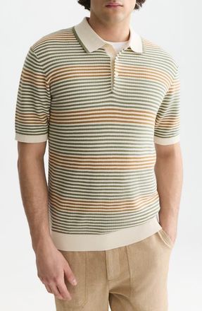Scotch & Soda Tonal Stripe Cotton Polo Sweater in Oil Green Stripe at Nordstrom, Size Xx-Large