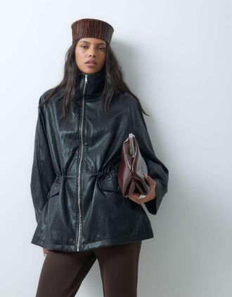 Asos giacca harrington effetto pelle con vita stretta nera-Nero