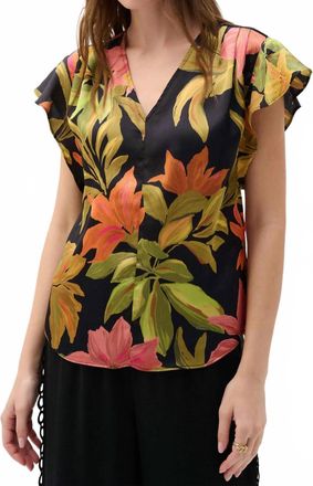 Joseph Ribkoff Satin Tropical Print Top In Black / Multi