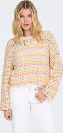 Only Rundhalspullover ONLY ONLASA LS SHORT O-NECK CC KNT, Damen, Gr. XL, birch stripes:sunlight, romance rose, Strick, Obermaterial: 60% Baumwolle, 40% Pol