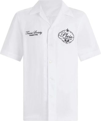 Philipp Plein Linnen Bowling Shirt Tennis Club - Heren - Korte mouwen Overhemden - Wit - 4XL - Linnen - Overhemden