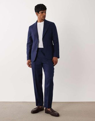 Asos Pantaloni da abito premium in misto lino blu navy affusolati e comodi
