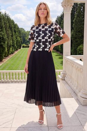 Roman Womens Lace Overlay Pleated Midi Dress - Black - Size 12 UK