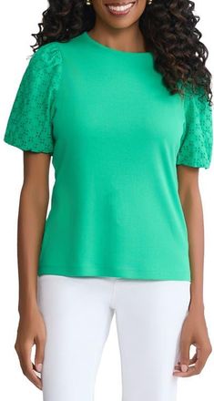 Jones New York Eyelet Puff Sleeve Crewneck Top in Kelly at Nordstrom, Size Large