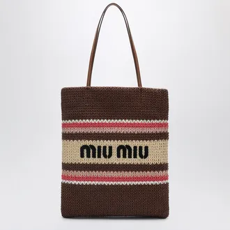 Miu Miu Shopping bag in raffia-effect yarn Tobacco/Strawberry/Natural