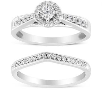 House of Brilliance Silver 1/3 Cttw Diamond Halo and Pave Shank Engagement Ring Set at Nordstrom, Size 8