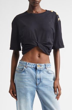 Balmain Knotted Crop Top in Black/Beige at Nordstrom, Size Xx-Large