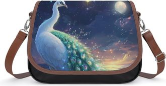 Generic White Peacock Moon Beach Crossbody Bag Womens Handbag PU Message Bags Shoulder Purse with Adjustable Strap