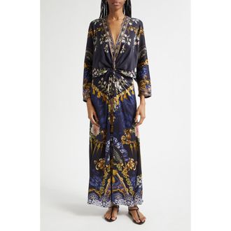 Camilla Twist Front Batwing Long Sleeve Silk Maxi Dress in Notes From The Blue Room at Nordstrom, Size Medium