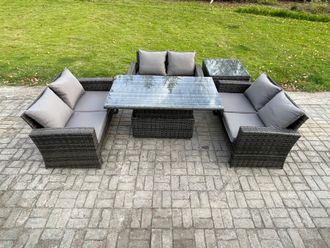 Fimous 6 Seater Rattan Wicker Garden Furniture Patio Conservatory Sofa Set with Height Adjustable Rising Lifting Table Double Seat Sofa in Dark Grey
