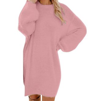 Generic Women Long Sleeve Jumper Dress UK Furry Knitted Loose Winter Tunic Tops Teddy Fluffy Pullover Jumpers Round Neck Plush Warm Sweatshirt Fleece Knee-Len