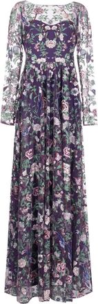 Marchesa botanical-embroidery sheer-overlay gown - women - Polyester/Polyester - 10 - Purple