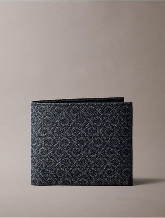 Calvin Klein Mens Allover Monogram Logo Bifold Wallet with Coin Pouch - Black