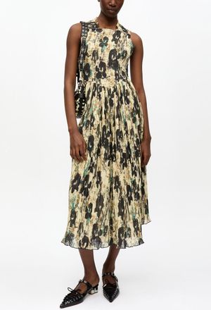 Ganni Printed Pleats Smock Midi Straps Dress - Size 40 Beige