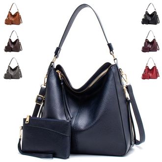 Generic Vintage PU Vegan Leather Handbags and Purse Sets for Women Fashion Tote Hobo Bags Shoulder Satchel Handbag Zip Wallet, B-blue