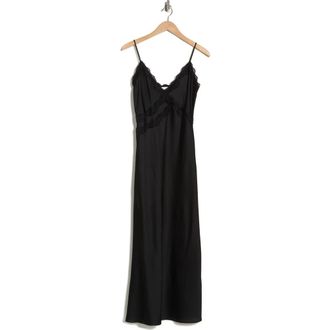 Leith Lace Trim Satin Maxi Dress in Black at Nordstrom Rack, Size X-Small