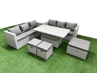 Fimous 6 PCs Rising Dining Table Set Rattan Furniture Set with 3 Seater Sofa in Light Grey