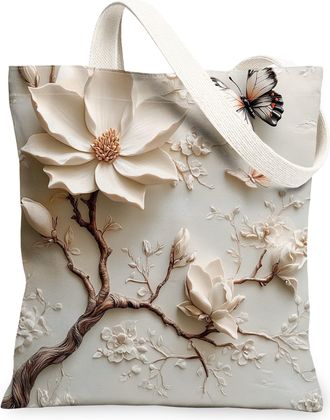 Generic Spring Relief Magnolia Flower Canvas Tote Bag for Shopping 13x15, Fun Floral Reusable Grocery Print Bag for Women Men, Cool Butterflies Aesthetic Pain
