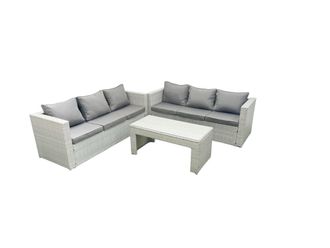 Fimous 6 Seater Garden Outdoor Rattan Furniture Set Rattan Garden Sofa Oblong Coffee Table Light Grey Mixed