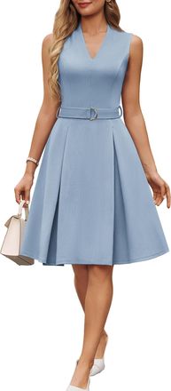 Grace Karin Womens Elegant Sleeveless Dress Summer V Neck Belted A Line Knee Long Dresses L Bule Gray