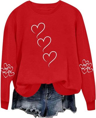 Generic Sweatshirts for Women UK Valentine Day Love Heart Print Long Sleeve Pullover Tops Casual Loose Crewneck Sports Holiday Classic Sweatshirt Red XL