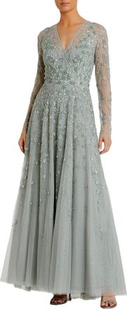 Mac Duggal Embellished Wrap Over Illusion Long Sleeve A Line Gown in Sage at Nordstrom, Size 10