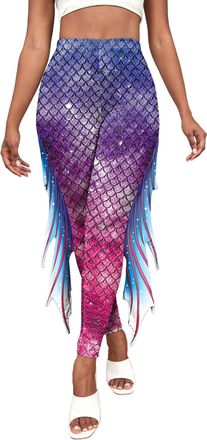 Feoya Mermaid Yoga Print Leggings for Women Plus Size Fish Scale High Waisted Pants Halloween Costume Party Tights XL Purple
