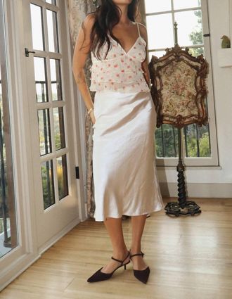 Bailey Rose Lina Satin Elastic Waist Bias Cut Midi Skirt In Pearl