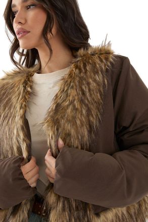 Misspap Faux Fur Trim Puffer Coat, 12, Chocolate