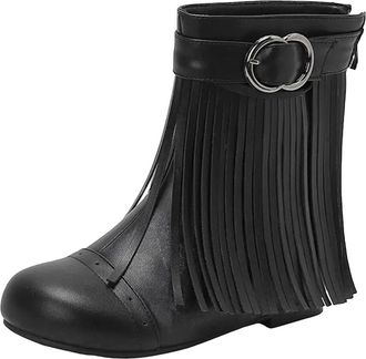 Generic Womens Mid Calf Boots Round Toe Hidden Wedge Heel With Back Zipper Fringe Tassels And A Decorative Buckle