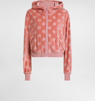Dolce & Gabbana Chenille Jacquard Hoodie With Dg Logo - Woman T-shirts And Sweatshirts Pink Cotton 46