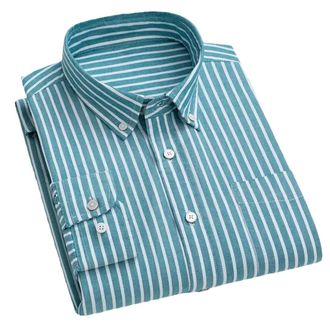 Generic Cotton Oxford Shirt for Mens Long Sleeve Plaid Striped Shirts Pocket Regular-Fit Button-Down Work Shirt