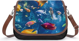 Generic Tropical Fishes Crossbody Bag Womens Handbag PU Message Bags Shoulder Purse with Adjustable Strap