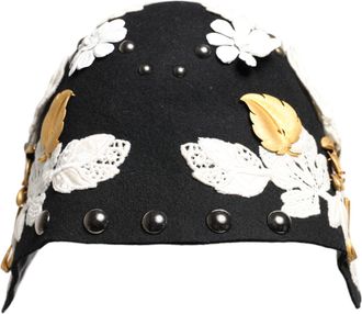 Dolce & Gabbana Zwarte Wol Witte Bloemen Gouden Blad Cloche Hoed