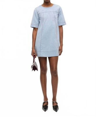 Ganni Washed Stretch Cotton A-Line Mini Dress In Soft Chambray